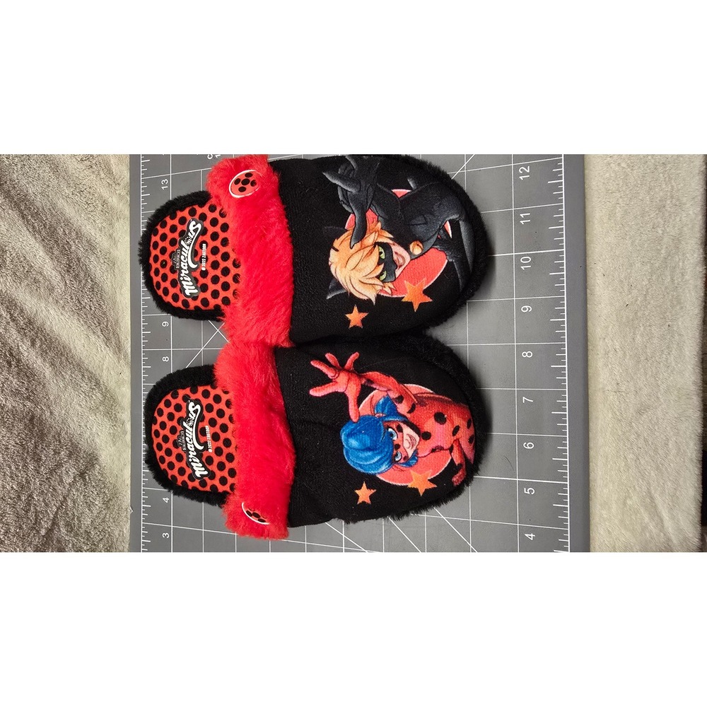 Miraculous Ladybug Cat Noir Kids Plush Slippers Black Red Faux Fur Size 11-12